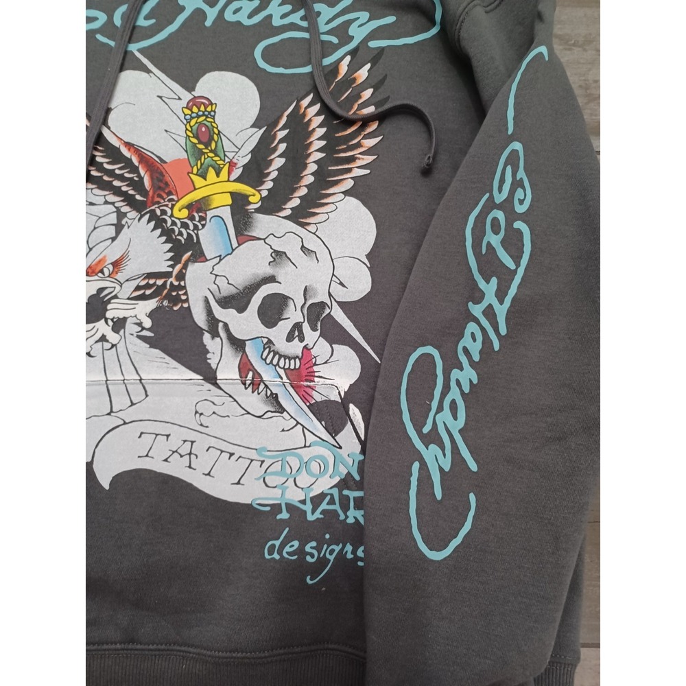 Ed Hardy Men's Hoodie Sweater Eagle Skull Print Sz L Charcoal Color NWT - Picture 3 of 11
